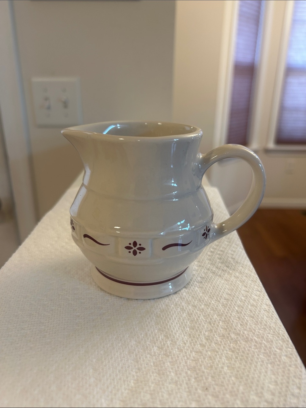 Longaberger Vintage Cream Ceramic Serving Pitcher with Red Floral Band 1 Cup